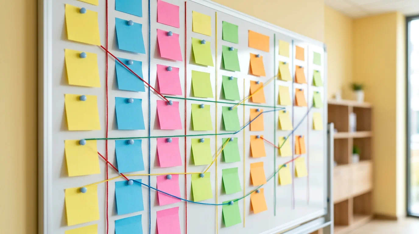 Tablica z karteczkami etapów programu edukacyjnego EmbersGlowing i kolorowymi nitkami powiązań, 1200×900 px